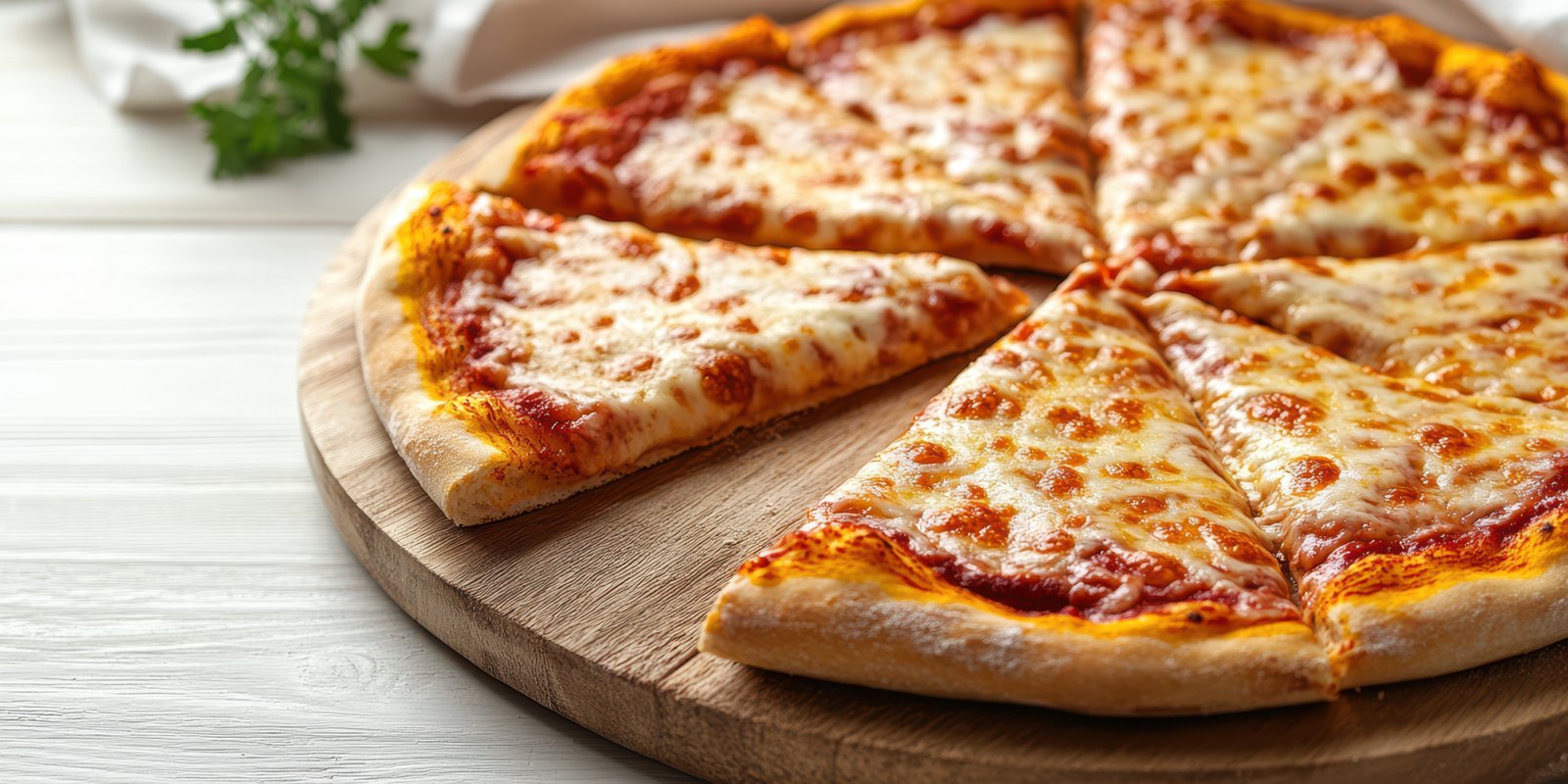 Delicious cheese pizza freshly baked and served on a wooden pizza board with sliced pieces ready for sharing